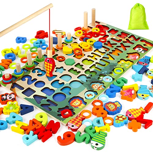 Holz Montessori Puzzle Spielzeug, Victse 6-in-1 Montessori Lernspielzeug für Kinder Baby 3 4 5 6 Jahre, Multifunktionale Holzpuzzles, Lernen Sie Buchstaben, Tiere, Zahlen, Angelbrett von Victse