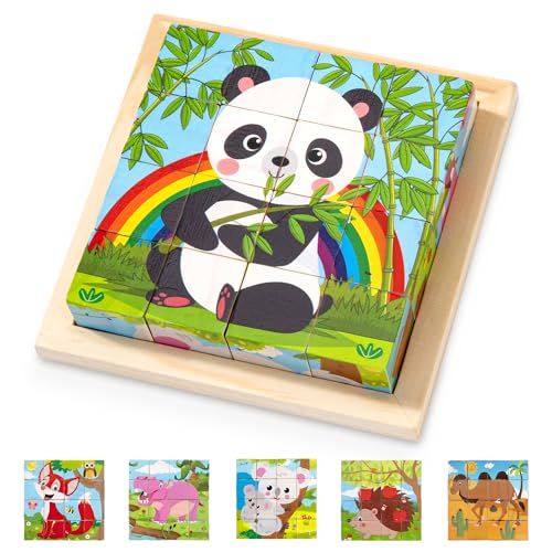 Würfelpuzzle, 3D Bildwürfel Puzzle aus Holz, 6 in 1 Tier-Motive Holzpuzzle Montessori Pädagogisches Lernspielzeug Geschenk für Kinder Mädchen Jungen ab 2 3 4 Jahre von Wisplye