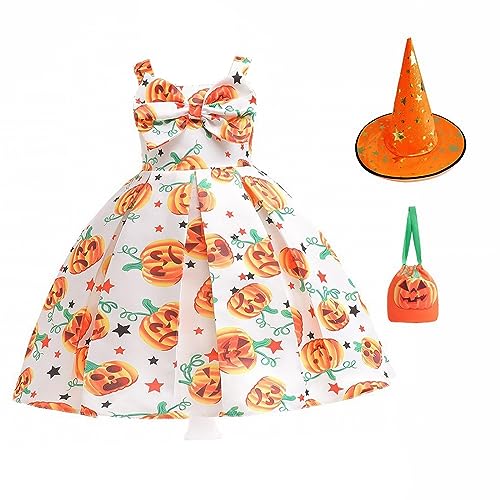 Xmiral Kürbis-Cartoon-Druck Mädchen Halloween-Partykleid mit Hut und Tasche 3-teiliges Set Halloween-Kostüm Prinzessin Kleid Party Baby Kleidung Mädchen 1 Jahr (White, 3-4 Years) von Xmiral