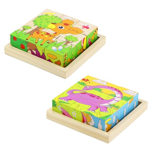 ZJRung 2 Stück Würfelpuzzle Holz Bilderwürfel Puzzle aus Holz Dinosaurier und Tiger Muster Montessori Lernspielzeug für Kinder ab 3 4 Jahre von ZJRung
