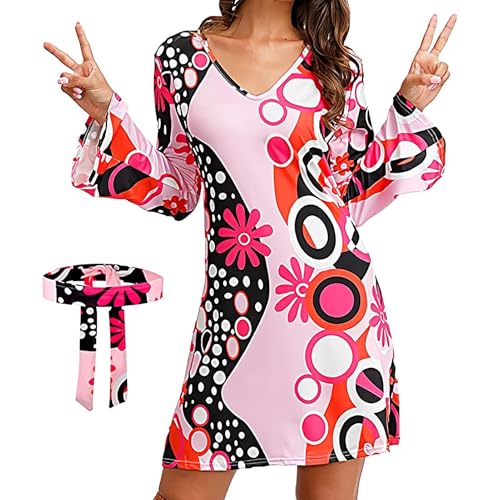 Damen 70er Jahre Hippie Kostüm, Frauen Hippie Kostüm Kleid 70er Jahre Hippie Kostüm für Frauen Hippie Kleid für Frauen 60er Jahre Disco Kleid Hippie Disco Party Western Valentinstag Tanz von ノーブランド品