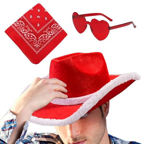 Weihnachten Cowboyhut, Santa Cowboyhut, Cosplay Cowboyhut Westernhut - Westernhut 3x Herz Brille Krempe Hut, Verstellbarer Cowgirlhut Vintage Bandana Western Kostüm Zubehör von ノーブランド品