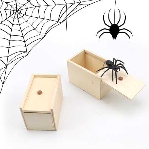 0XBIT Spinne Streich Box, 2 Stück Holz Prank Spider Scare Box, Streich Spinne Scare Box, Realistisch und Lustig, Geeignet für Kinder und Erwachsene, Party Überraschungsgeschenke von 0XBIT