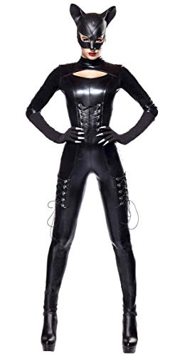AT 3-tlg. Katzen Kostüm "Sexy Cat" im Wetlook : Overall, Maske, Handschuhe, Catwoman Set in schwarz von MASK PARADISE (L/XL (40-42)) von 1001-kleine-Sachen