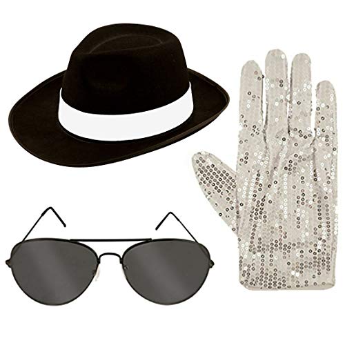 21Fashion Erwachsene Pooop Kinnng Handschuhe Brille Gangster Hut Set Pop Star Cosplay Zubehör Schwarz Hut Set Einheitsgröße von 21Fashion