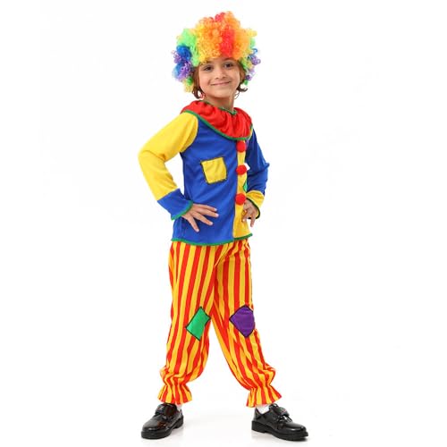 23GUANYI Clown Kostüm Kinder, Faschingskostüme Kinder, Karneval Kostüm Kinder mit Clown Perücke, Cosplay Kostüm Clown Kinder Costume Enthalten Clown Jumpsuit für Fasching Party (L) von 23GUANYI