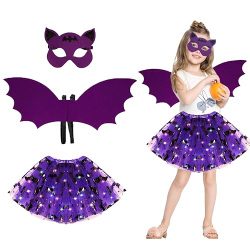 Halloween Kostüm Kinder, Fledermaus Kostüm Kinder Mädchen mit Fledermausflügel und Tutu mit Eingebauten LED Lichterketten und Fledermaus Maske für Halloween Cosplay Party Karneval Fasching Maskerade von 23GUANYI