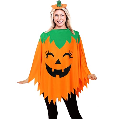 Halloween Kostüm Damen Kürbis, Kürbis Kostüm Damen, Kürbis Kostüm Kinder, Festival Lustig Niedlich Party Fancy Dress Kürbis Orange Poncho Outfit mit Kürbisse Hut ＆ Tasche für Kinder, Erwachsene, Baby von 23GUANYI