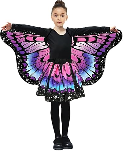 Schmetterling Kostüm Kinder, Karneval Kostüm Kinder Violett Schmetterlingsflügel Umhang Schmetterling Rock mit Haarreif Tattoos Schmetterlingskostüm Mädchen für Karneval Fasching Cosplay Mottoparty von 23GUANYI