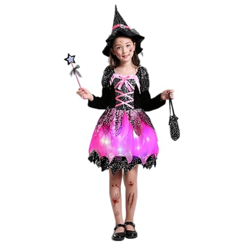 23GUANYI Hexen Kostüm Mädchen, Leuchtend Halloween Kostüm Kinder Hexe Kleid Kinder LED Lichter Hexenkleid mit Zauberstab Hexenhut Tragetasche für Halloween Karneval Fasching Cosplay Party (L) von 23GUANYI