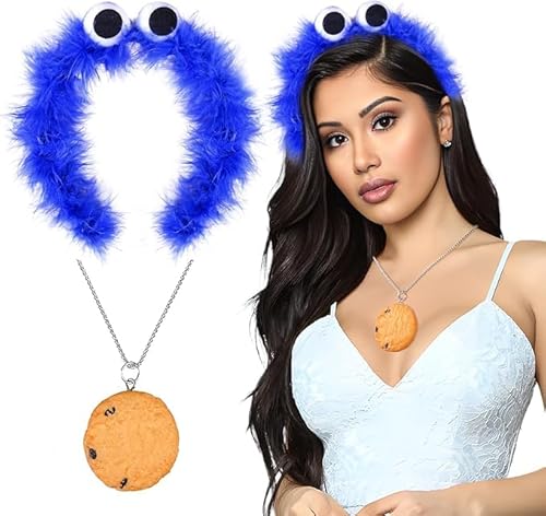 Krümelmonster Kostüm Damen, Krümelmonster Haarreif Karneval Halskette Damen, Cookie Monster Kostüm Accessories Krümelmonster Kuscheltier Haarreif Halskette fur Karneval Fasching Motto Cosplay von 23GUANYI