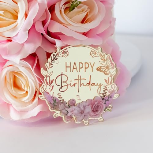 3 Little Desserts Cupcake-Topper "Happy Birthday" – Cupcake-Topper für Geburtstagsparty – Happy Birthday Floral Edition Charms – Acryl-Spiegel-Kuchenaufsatz – 6 Stück (Stil 2) von 3 LITTLE DESSERTS