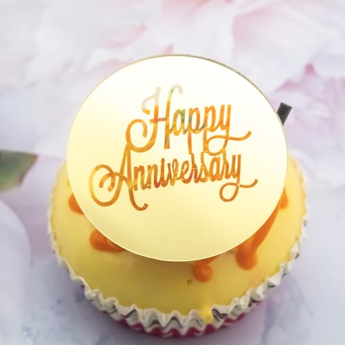 3 Little Desserts Cupcake-Topper mit Gravur "Happy Anniversary" – Jubiläumsparty-Cupcake-Topper – Feier-Kuchenaufsatz – Acryl-Kuchenaufsatz – Gold von 3 LITTLE DESSERTS