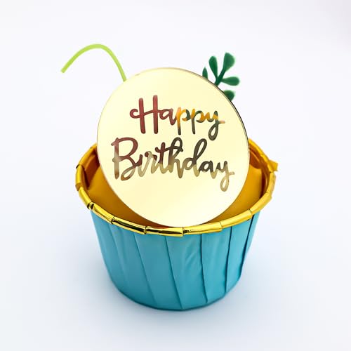 3 Little Desserts Happy Birthday Cupcake Topper Discs - Gravierte Scheiben - Geburtstag Party Cupcake Topper - Cupcake Scheiben für Geburtstag - Acryl Spiegel Kuchen Topper - Gold Set von 6 von 3 LITTLE DESSERTS