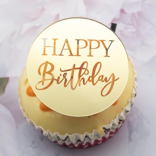 3 Little Desserts Happy Birthday Cupcake Toppers – Gravierte Scheibe – Geburtstagsparty Cupcake Topper – Cupcake-Scheiben für Geburtstag – Acryl-Spiegel-Kuchenaufsatz – Gold von 3 LITTLE DESSERTS