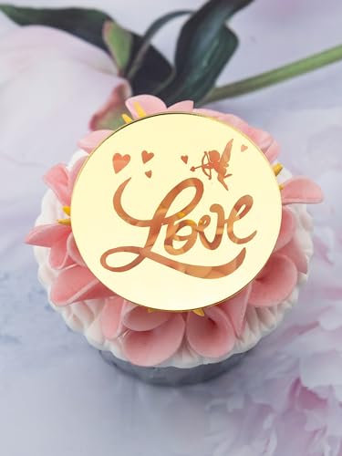 Cupcake-Topper mit Gravur "Love", für Junggesellinnenabschied, Cupcake-Topper, Verlobungs-Cupcake-Topper, Acryl-Spiegel, goldfarben von 3 LITTLE DESSERTS