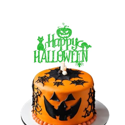 Happy Halloween Cake Topper - Halloween Cake Decor Supply - Halloween Themed Cake Topper - Halloween Glitter Card Toppers - Kürbis Party Supplies - Halloween Kuchen Dekoration (Grün) von 3 LITTLE DESSERTS