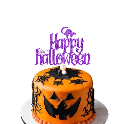 Happy Halloween Cake Topper - Halloween Cake Decor Supply - Halloween Themed Cake Topper - Halloween Glitter Card Toppers - Pumpkin Party Supplies - Halloween Cake Decoration (Purple) von 3 LITTLE DESSERTS