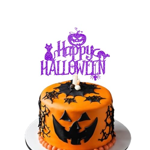 Happy Halloween Cake Topper - Halloween Cake Decor Supply - Halloween Themed Cake Topper - Halloween Glitter Card Toppers - Pumpkin Party Supplies - Halloween Cake Decoration (Purple) von 3 LITTLE DESSERTS