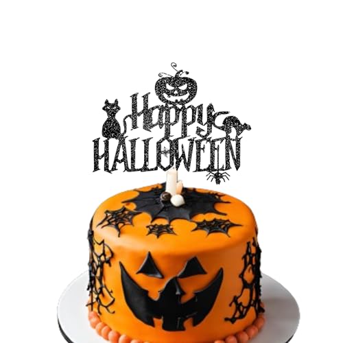 Happy Halloween Cake Topper - Halloween Cake Decor Supply - Halloween Themed Cake Topper - Halloween Glitter Card Toppers - Pumpkin Party Supplies - Halloween Cake Decoration (Schwarz) von 3 LITTLE DESSERTS