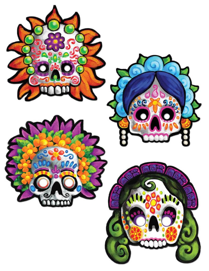 Tag der Toten Sugar Skull Masken Halloween 4 Stück bunt 30cm von 360 DEGREES