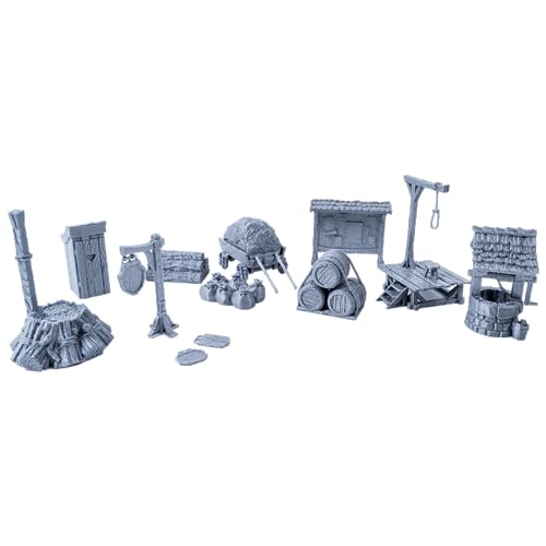 3D Vikings Stadtgegenstände Set – Umfassendes Geländezubehör für Tabletop-Rollenspiele, Dungeons & Dragons, Warhammer – Enthält Brunnen, Toilette, Schilder, Galgen, Nachrichtenbrett, Wagen, Holzpfahl von 3D Vikings