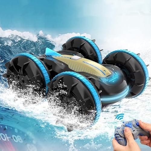 3T6B Amphibisches Ferngesteuertes Auto, 360° Flip Doppelseitig Stunt Fahrzeug, 4WD RC Auto & Crawler mit LED Licht, 2 Batterien, Outdoor Ferngesteuert Off-Road Pool Strand Spielzeug für Kinder von 3T6B