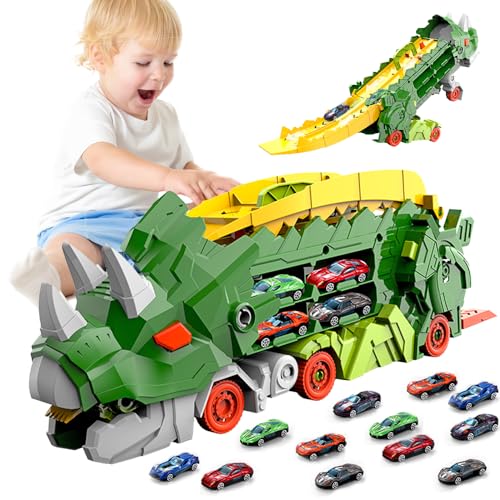 3T6B Dinosaurier Transport Truck Spielzeug Autos für Kinder mit 12 Mini Rennwagen, 3-in-1 Tragbare Dinosaurier Rennstrecke Truck Spielzeug für Jungen Alter 3 4 5 6 7 von 3T6B