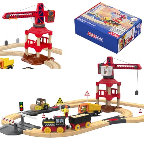 3T6B Holzeisenbahn Set 56PCS, Holzeisenbahn Schienen und Trenes Eléctricos de Juguete, Magnetische Turmkräne, 360 Grad Drehung, für Alle Großen Marken, Holzzug Spielzeug für Kinder ab 3+ von 3T6B