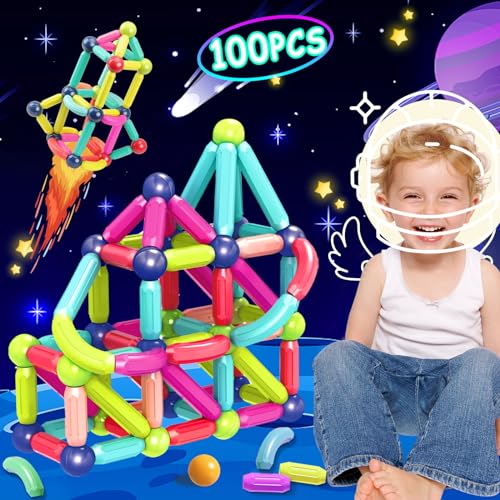 4-Pejiijar Magnetische Bausteine 100 Stück Magnete Kinder, Magnetic Bauklötze Baukasten Kinderspielzeug ab 3 Jahre, Fantasievolle Magnetbausteine ​​für Haus und Schulgeschenke für Jungen und Mädchen von 4-Pejiijar