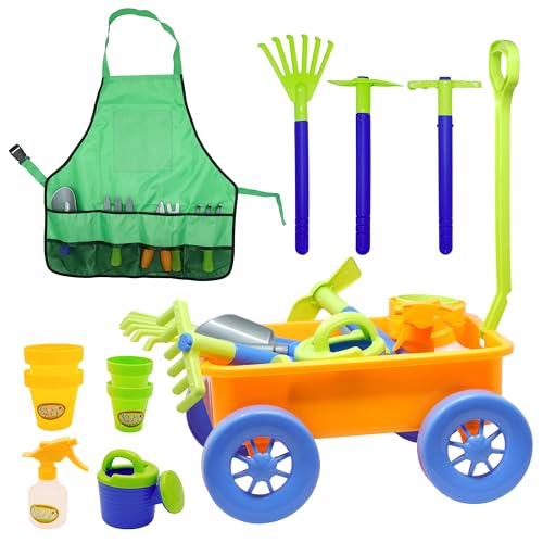 15-teiliges Gartengeräte & Wagen-Spielzeug-Set mit Kunststoff-Schubkarre, Schürze, STEM Pretend Play Outdoor Spielzeug für Kleinkinder Kinder Jungen Mädchen von 4E's Novelty von 4E's Novelty