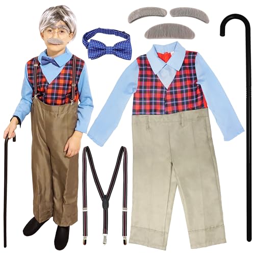 4E's Novelty Alter Mann Kostüm für Kinder Jungen – 100 Tage Schulkostüm für Jungen, Opa, Outfit mit Gehstock, 6-teiliges Set, Größe M, 6–8 Jahre von 4E's Novelty