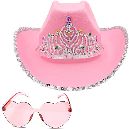 4E's Novelty Cowboyhut mit herzförmiger Sonnenbrille – rosa Cowgirl-Hut mit Tiara-Krone für Damen, Erwachsene, Kuh, Mädchen, Halloween-Kostüm-Zubehör von 4E's Novelty