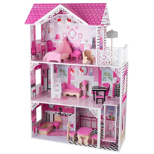 4iQ Group Puppenhaus aus Holz 119,5x35x80cm - Puppenhaus ab 3 Jahre Mädchen - Puppenhaus Groß XXL mit 3 Etagen und Balokn - Dollhouse mit Möbeln und Zubehör von 4IQ Group