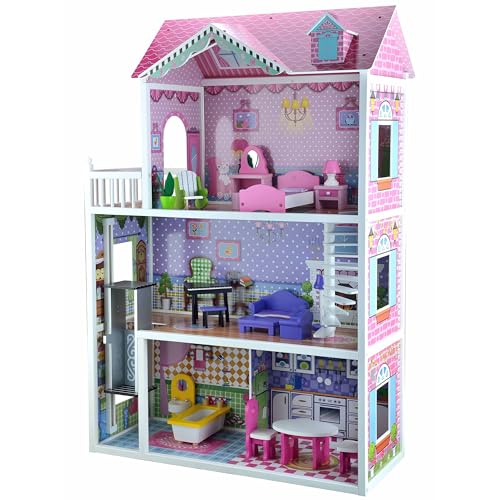 4iQ Group Puppenhaus aus Holz 124x34x84cm - Puppenhaus ab 3 Jahre Mädchen - Groß Haus XXL mit 3 Etagen und Aufzug - Dollhouse mit Möbeln und Zubehör von 4IQ Group