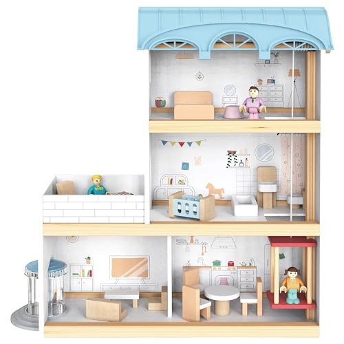 4iQ Group Puppenhaus aus Holz 41,5x14x39,5cm - Puppenhaus ab 3 Jahre Mädchen - Groß Haus mit 3 etagen - Dollhouse mit Möbeln und Zubehör von 4IQ Group