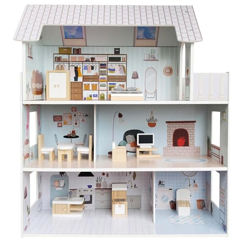 4iQ Group Puppenhaus aus Holz 70x24x60cm - Puppenhaus ab 3 Jahre Mädchen - Groß Haus mit 3 Etagen - Dollhouse mit Möbeln und Zubehör von 4IQ Group