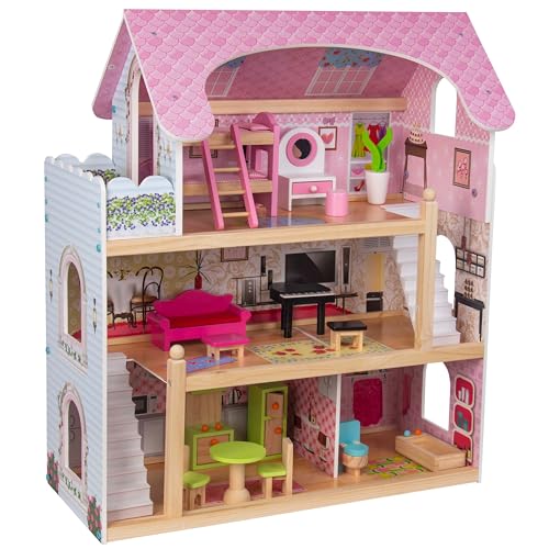 4iQ Group Puppenhaus aus Holz 70x31,5x62cm - Puppenhaus ab 3 Jahre Mädchen - Groß Haus mit 3 Etagen und Balkon - Dollhouse mit Möbeln und Zubehör von 4IQ Group