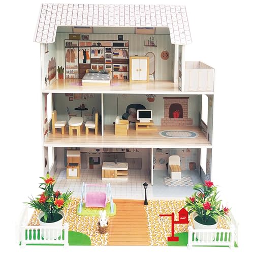 4iQ Group Puppenhaus aus Holz 70x50x61,5cm - Puppenhaus ab 3 Jahre Mädchen - Puppenhaus Groß mit 3 Etagen und Garten - Dollhouse mit Möbeln und Zubehör von 4IQ Group