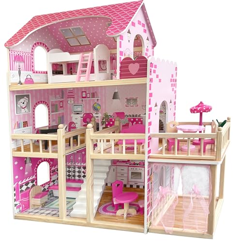 4iQ Group Puppenhaus aus Holz 90x30x82cm - Puppenhaus ab 3 Jahre Mädchen - Puppenhaus Groß XXL mit 3 Etagen und Balkon - Dollhouse mit Möbeln und Zubehör von 4IQ Group