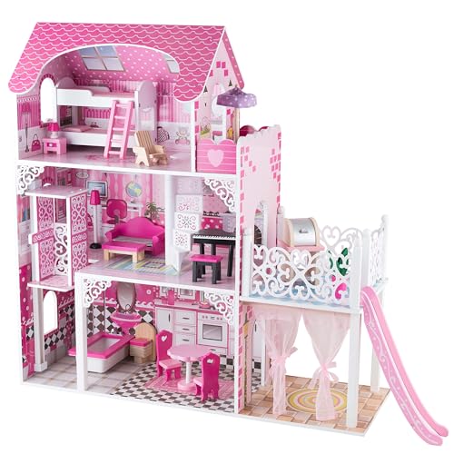 4iQ Group Puppenhaus aus Holz 90x32,5x89cm - Puppenhaus ab 3 Jahre Mädchen - Puppenhaus Groß XXL mit 3 Etagen und 2 Balkone - Dollhouse mit Möbeln und Zubehör von 4IQ Group