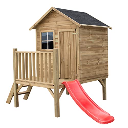 Gartenhaus Kinder mit Rutsche - Spielhaus Kinder Outdoor - Aus Imprägniertem Gehobeltem Kiefernholz - Kinder Spielhaus für Draußen - Originell und Einzigartig Gartenspielhaus (Hellgrüne Rutsche) von 4IQ Group