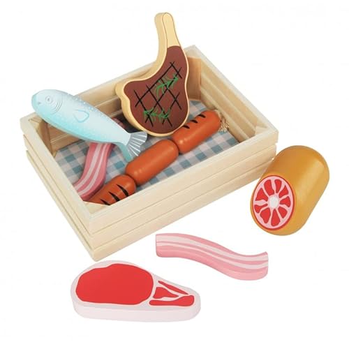 Kinderküche Zubehör Holz 12,5 x 17 x 5 cm - Kinderküche Spielküche Zubehör Kaufladen - Lebensmittel Spielzeug Mit Fleisch und Fisch - Kaufmannsladen Zubehör Holz von 4IQ Group