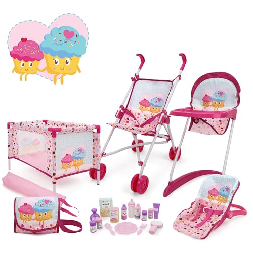 509 Crew Cup Cake Rosa, 21-teiliges Puppen Spielset, Stroll n Play & Care“, Kombi-Spielset: Puppenwagen, Puppenreisebett, Wippe, Puppenhochstuhl-Set, Puppenfütterungs- und Pflegezubehör, ab 3 Jahren von 509