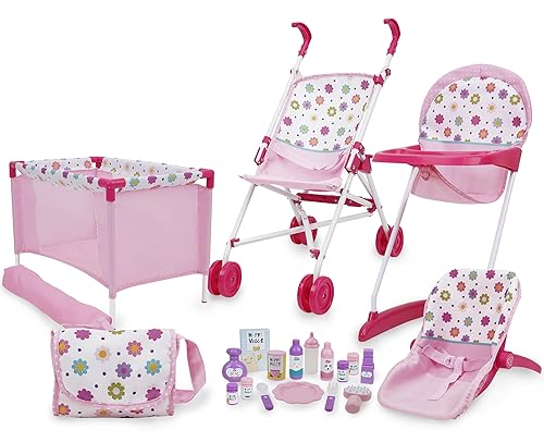 509 Crew Spring Pink 21-teiliges Puppen Spielset, Stroll n Play & Care“, Kombi-Spielset: Puppenwagen, Puppenreisebett, Puppenhochstuhl-Set, ab 3 Jahren von 509