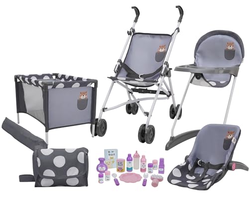 509 Crew Squirrel, Grey 21-teiliges Puppen Spielset, Stroll n Play & Care“, Kombi-Spielset: Puppenwagen, Puppenreisebett, Puppenhochstuhl-Set, ab 3 Jahren von 509