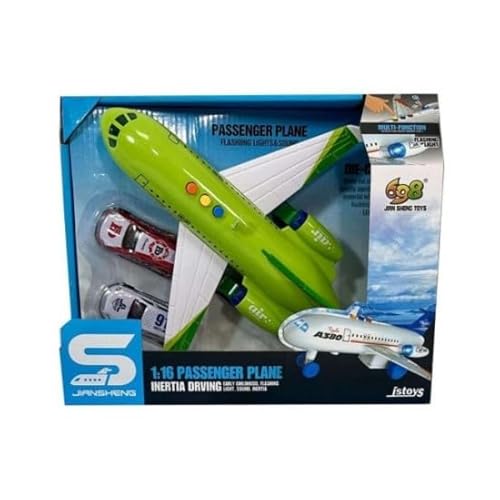 698 JIAN SHENG TOYS JS161A Green Friction Plane with 2 Cars, Sounds and Lights, 1:16 von 698 JIAN SHENG TOYS