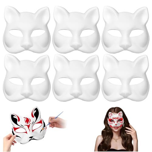 71Nmly 6 Stück DIY Katzenmaske,Therian Mask Weiß,Maske DIY zum Bemalen Leere Maske,Party Maske Unbemalt Katze Masken Papiermasken zum Bemalen Fuchsmaske Masken für Halloween, Kinder, Cosplay,Party von 71Nmly