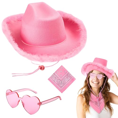 71Nmly 3 Stück Cowboy Hut für Damen, flauschig, Federbesatz, Cowgirl-Hut Damen Partybrille, breite Krempe, Fasching, Cowboyhut mit Herzbrille und rosa Bandana, Schal Westen Kostü Karneval Mottoparty ﻿ von 71Nmly