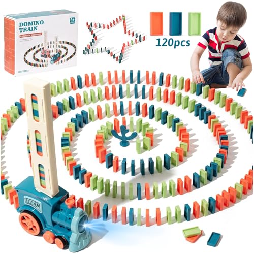 71Nmly Domino Zug Spielzeug Set für Kinder,Automatischer Dominozug mit 120 Stück Dominoblöcken,Pädagogisches Spielzeug für Mädchen und Jungen ab 3 Jahren von 71Nmly